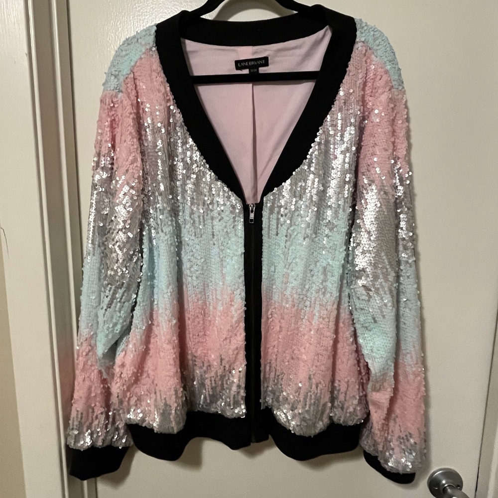 Lane Bryant Pink Blue Sequin Ombre Bomber Jacket